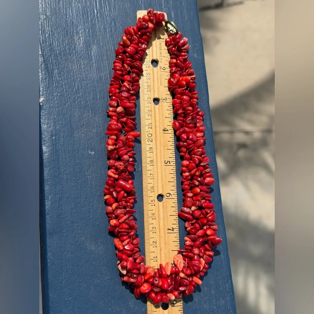 Red Coral Beaded 3 Strand Necklace 16” - Picture 5 of 5